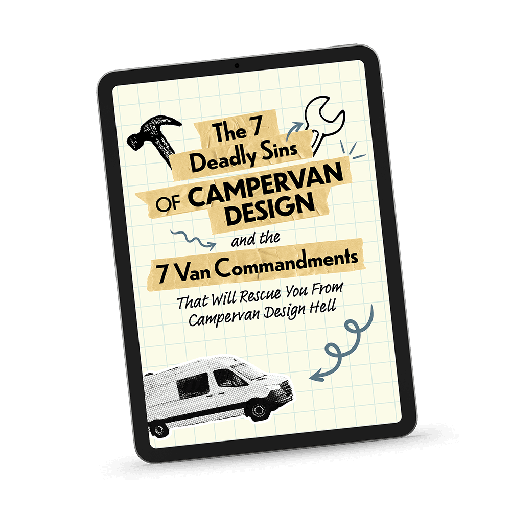 Cover of The 7 Deadly Sins of Campervan Design guide showing common DIY van build mistakes and how to avoid them