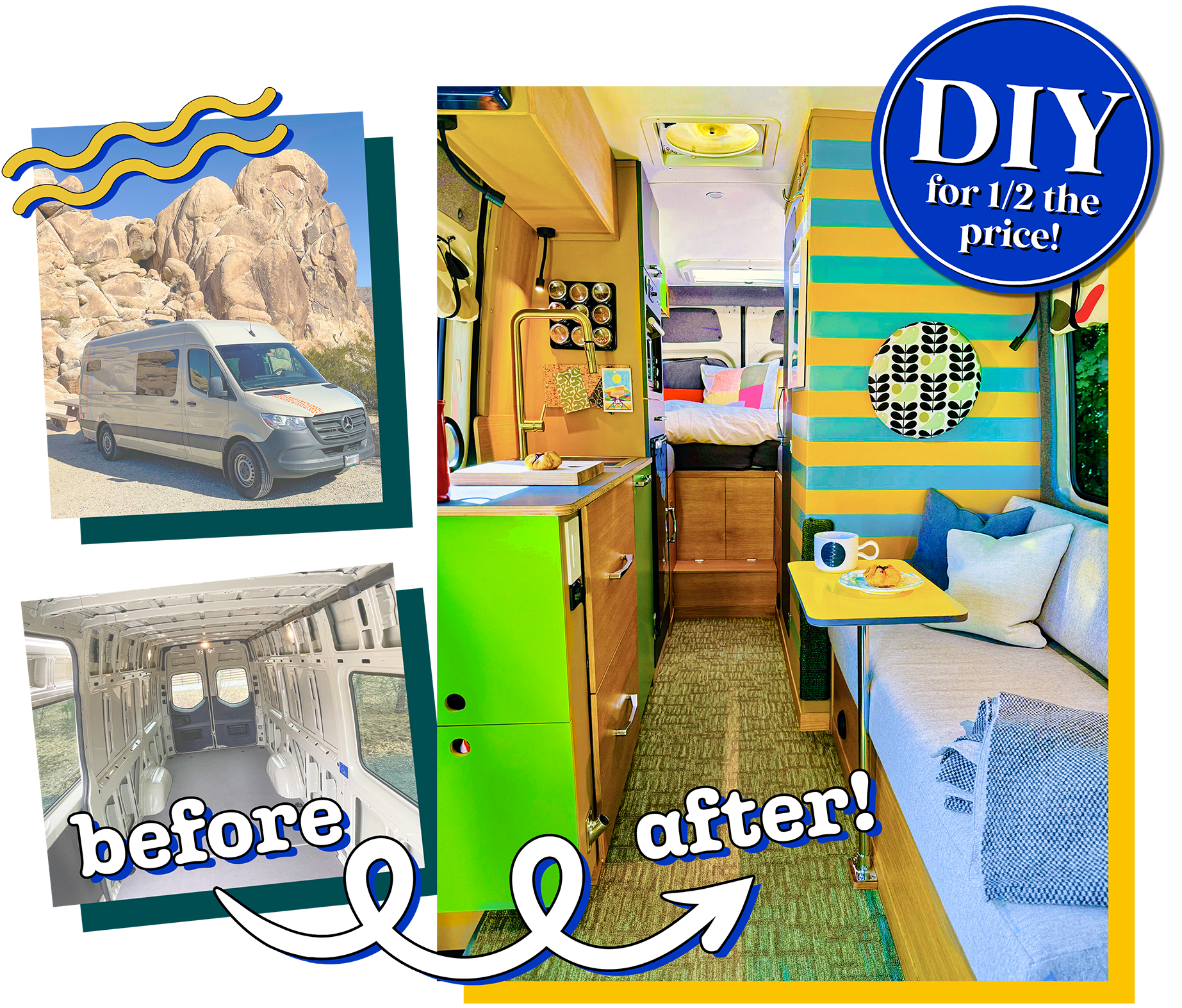 Before and after DIY campervan build showing empty cargo van transformed into finished interior, built for half the price of a factory-built van