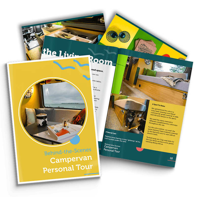 Cover and interior pages from our DIY Sprinter campervan Personal Tour showing photos, design details, and living spaces