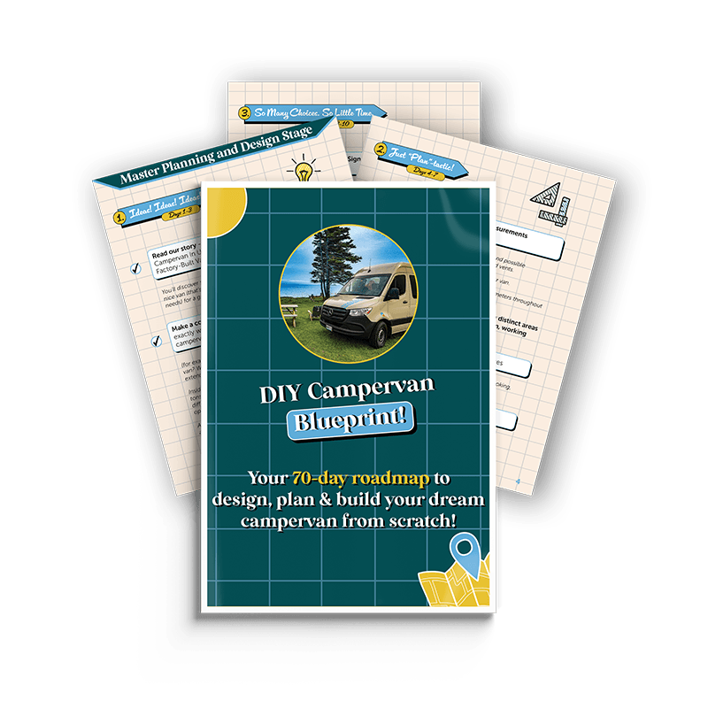 DIY Campervan Blueprint preview with pages outlining our 70-day build timeline