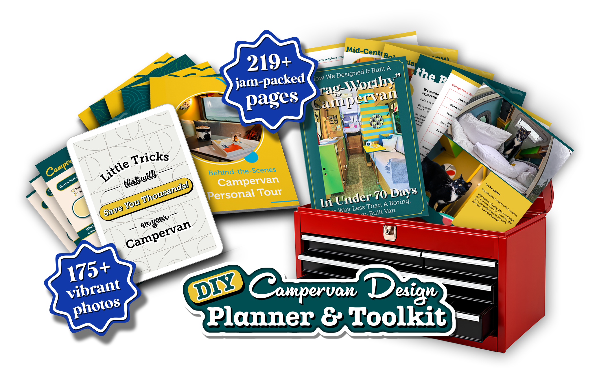 DIY Campervan Design Planner & Toolkit with 11 design guides displayed in toolbox