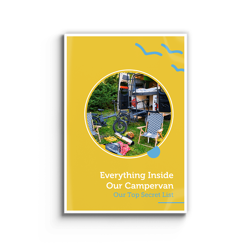 Our Top Secret List guide cover detailing everything inside our DIY campervan, from kitchen gear to storage essentials