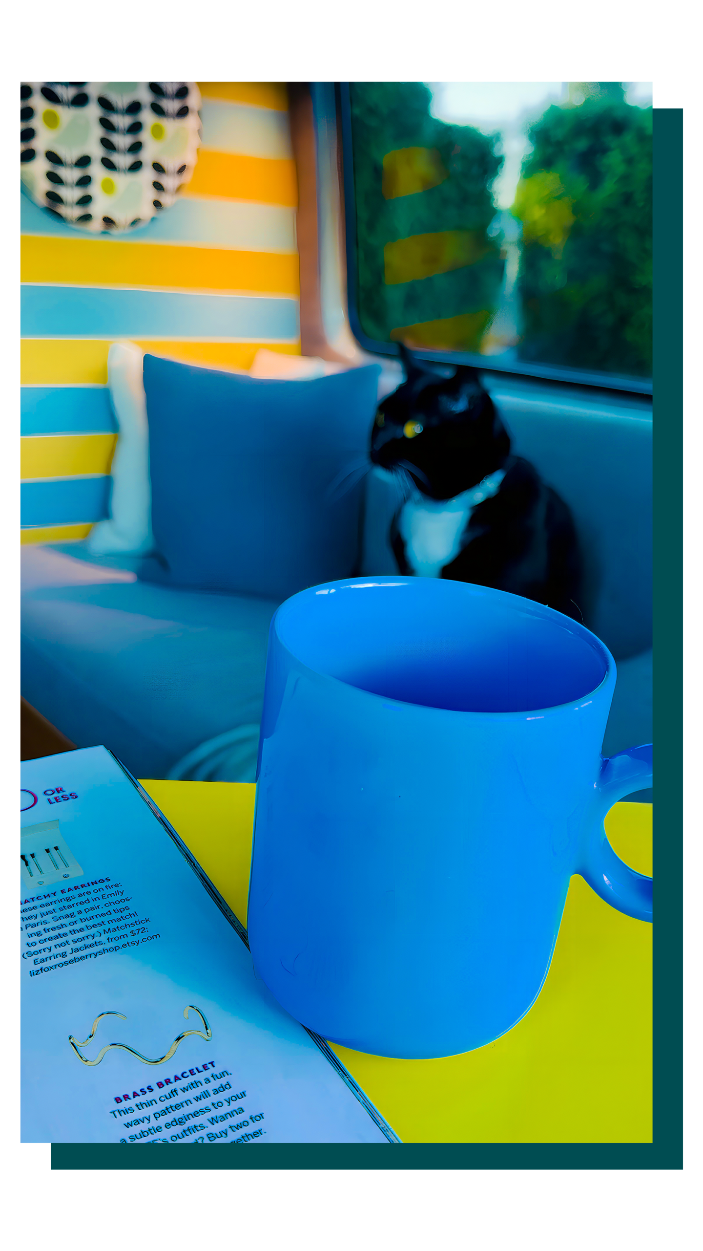 Cup of with Ralphie the tuxedo cat relaxing on the sofa inside our DIY Sprinter campervan