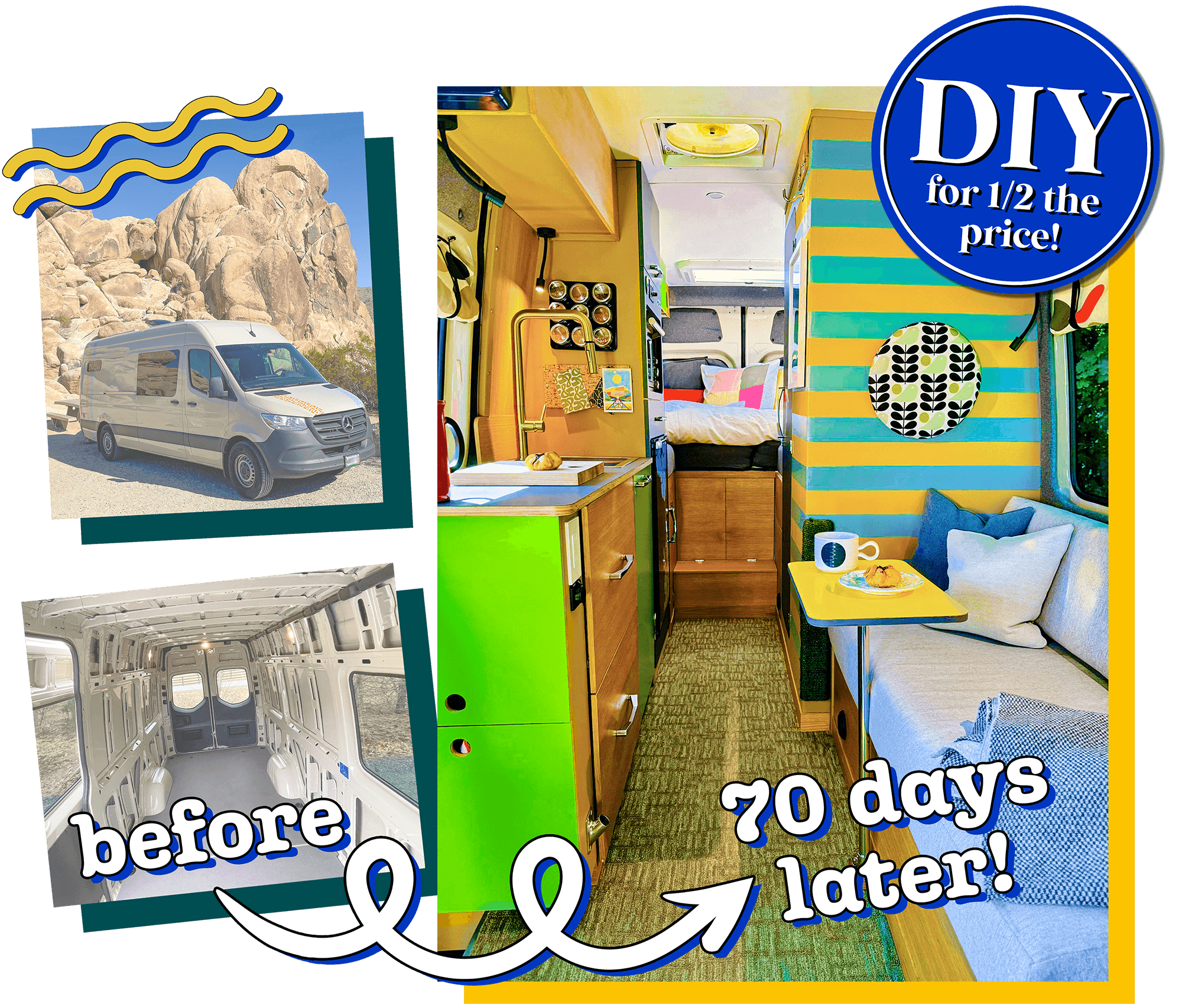 Before and after DIY campervan build showing empty cargo van transformed into finished interior, built for half the price of a factory-built van