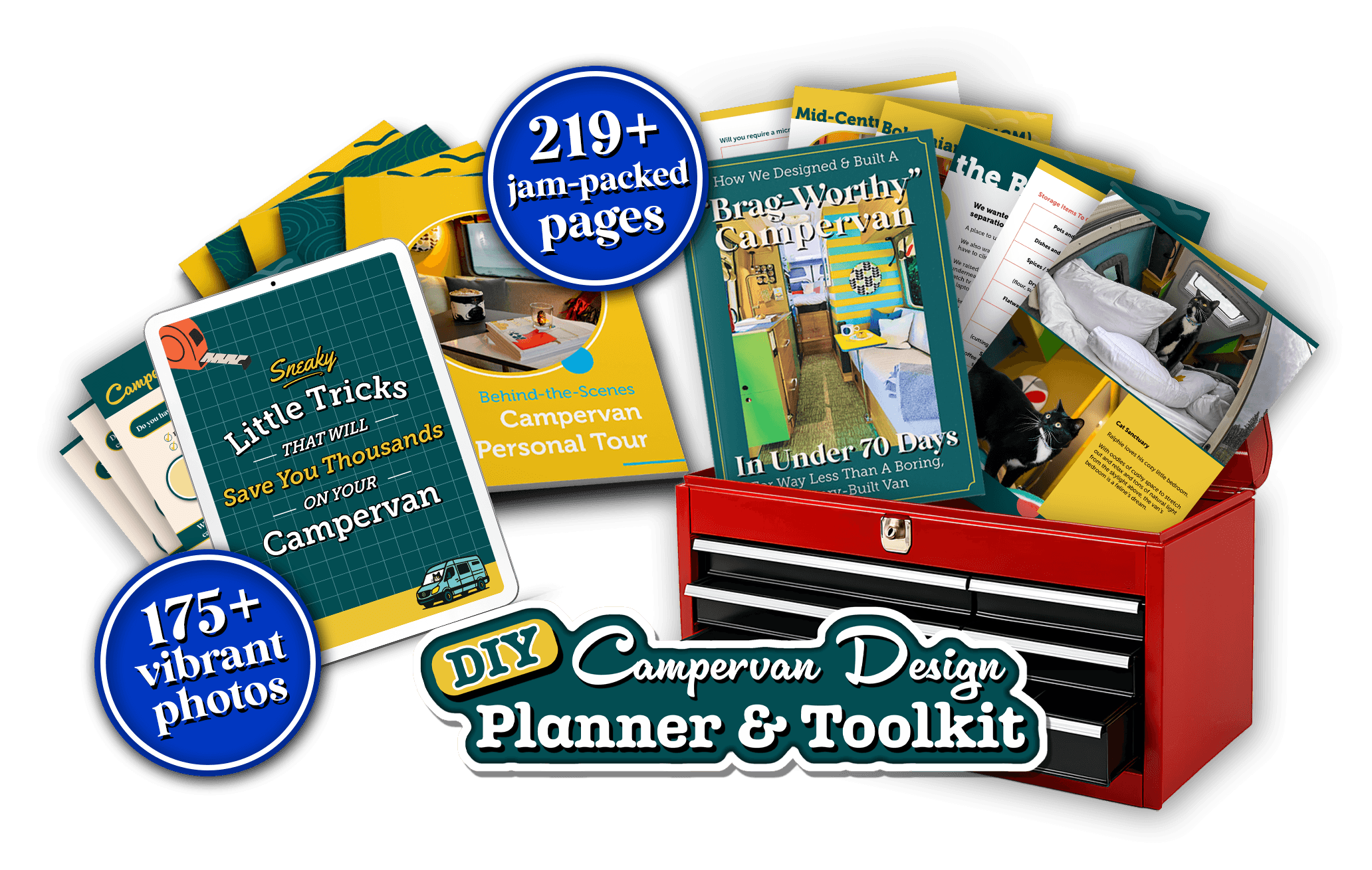 DIY Campervan Design Planner & Toolkit with 11 design guides displayed in toolbox